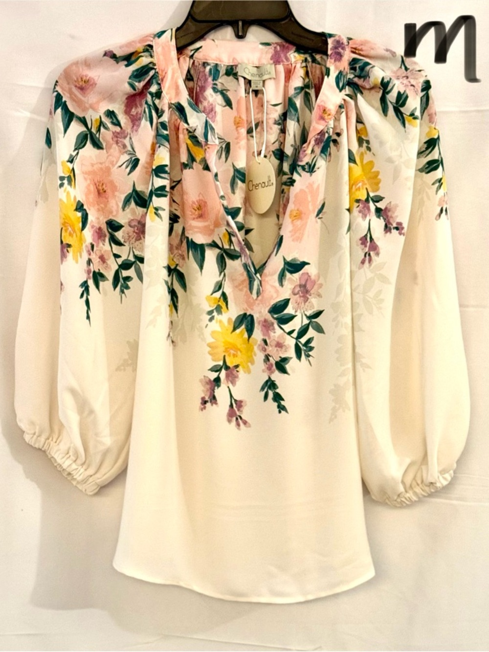 Chenault Cream Floral V-Neck Blouse with Pink & Yellow Flowers